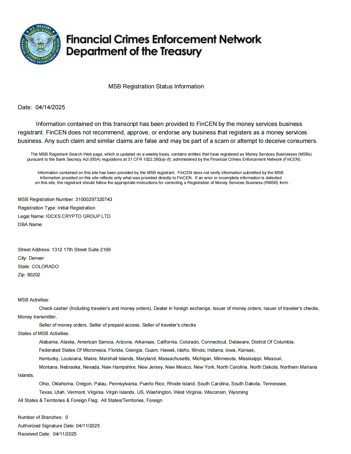 FinCEN MSB Registration Certificate